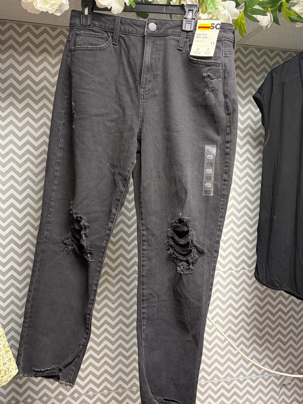 Black High-Rise Mom Jeans with Distressed Detail